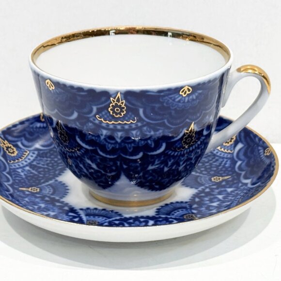 Vintage Lomonosov "Fans and Flowers" Cobalt Blue Teacup and Saucer - Picture 1 of 9